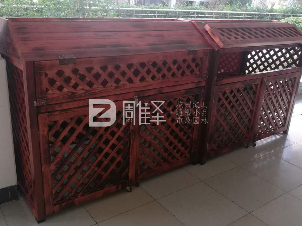 廣東珠海九中垃圾桶防腐木罩子花箱二合一